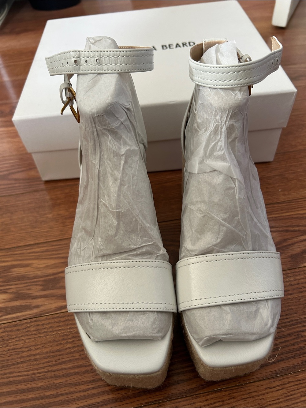 Veronica Beard White Leather Ankle-Strap Wedge Sandals